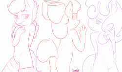 Size: 1355x800 | Tagged: suggestive, artist:lamia, apple bloom, scootaloo, sweetie belle, anthro, ass, butt, cutie mark crusaders, earth pony, featureless crotch, female, foalcon, g4, imported from derpibooru, monochrome, pose