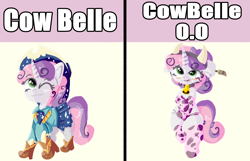 Size: 2800x1800 | Tagged: suggestive, artist:nail-under-nail, sweetie belle, 67, bell, bell collar, boots, clothes, collar, cow belle, cow girl, cow horns, cow suit, cowbell, cowbelle, cowboy boots, cowboy hat, cowprint, female, filly, foal, foalcon, g4, hat, headband, horn, horns, imported from derpibooru, one eye closed, pony, shoes, solo, text, unicorn, wink