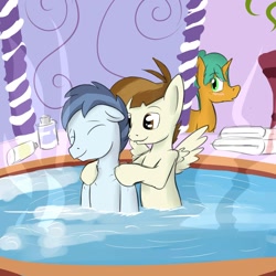 Size: 1280x1280 | Tagged: safe, artist:fuzebox, :o, alternate hairstyle, bath, bathing, blushing, colt, colt on colt, cute, eyes closed, featherweight, floppy ears, foal, foalcon, g4, gay, glitter shell, hoof hold, imported from derpibooru, male, massage, pony, shady daze, shadyweight, shipping, smiling, snails, spa, spread wings, steam, towel, water, wings