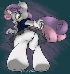 Size: 1105x1167 | Tagged: suggestive, artist:carmelcube, sweetie belle, anthro, clothes, female, foalcon, g4, imported from derpibooru, low angle, panties, skirt, solo, solo female, striped underwear, thong, underwear, upskirt