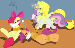 Size: 2731x1758 | Tagged: semi-grimdark, suggestive, artist:ryuseihikari, apple bloom, scootaloo, sweetie belle, oc, oc:love knot, age difference, applebuse, bondage, bound wings, cloth gag, cutie mark crusaders, damsel in distress, drool, drool string, earth pony, fanfic fuel, female, female on female rape, filly, foal, foalcon, forced, g4, gag, horn, hornjob, implied rape, imported from derpibooru, kidnapped, lesbian, mare, mare on filly, molestation, over the nose gag, pegasus, pony, rope, scootabuse, story included, sweetiebuse, tied up, unicorn