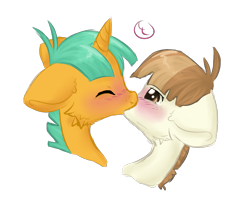 Size: 1000x800 | Tagged: safe, artist:smoortie, blushing, colt, colt on colt, dead source, eyes closed, feathersnails, featherweight, foal, foalcon, g4, gay, imported from derpibooru, kiss on the lips, kissing, looking pleasured, male, pegasus, pony, shipping, simple background, snails, transparent background, unicorn