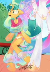 Size: 1000x1417 | Tagged: suggestive, artist:iopichio, princess celestia, anthro, arm hooves, bipedal, both cutie marks, clothes, dead source, exclamation point, foalcon, g4, glitter shell, imminent foalcon, imminent rape, imminent sex, imported from derpibooru, interrobang, mane, panties, prehensile mane, princess molestia, question mark, shirt, snailestia, snails, speech bubble, straight, straight shota, surprised, tail, tentacle porn, tentacles, underwear, unicorn