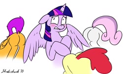 Size: 1254x758 | Tagged: suggestive, artist:strebiskunk, apple bloom, scootaloo, sweetie belle, twilight sparkle, alicorn, bloom butt, blushing, booty mark crusaders, butt, cutie mark crusaders, dock, female, floppy ears, foalcon, g4, imported from derpibooru, lip bite, mare, plot, pony, presenting, raised tail, scootabutt, simple background, spread wings, sweetie butt, twilight is a foal fiddler, wingboner, wings