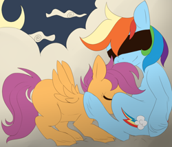 Size: 966x828 | Tagged: suggestive, artist:letirary, rainbow dash, scootaloo, blindfold, cloud, cloudy, duo, female, foalcon, foaldom, g4, implied cunnilingus, implied oral, implied sex, imported from derpibooru, lesbian, mare on filly, pegasus, pony, ship:scootadash, shipping