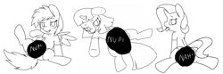 Size: 4500x1500 | Tagged: suggestive, artist:boltswift, rainbow dash, rarity, twilight sparkle, censored, censored vulva, female, filly, foal, foalcon, g4, imported from derpibooru, lineart, nudity, pegasus, pony, tongue out, unicorn, younger