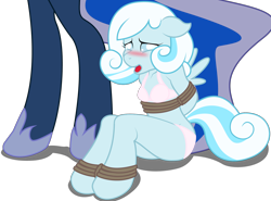 Size: 1734x1286 | Tagged: suggestive, artist:ryuseihikari, princess luna, oc, oc:snowdrop, anthro, blushing, bondage, bound, bra, breasts, clothes, floppy ears, foalcon, g4, imminent rape, implied, implied kidnapping, imported from derpibooru, open mouth, panties, pink underwear, rope, scared, simple background, sitting, transparent background, underwear, we are going to hell