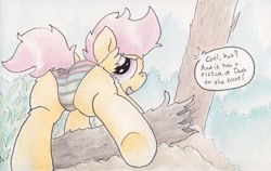 Size: 1181x745 | Tagged: suggestive, artist:slightlyshade, scootaloo, butt, clothes, female, foalcon, g4, imported from derpibooru, panties, pegasus, plot, pony, presenting, solo, solo female, traditional art, underwear