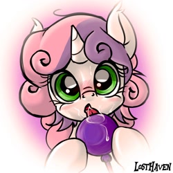 Size: 1280x1280 | Tagged: suggestive, artist:thesleepingpony, sweetie belle, blushing, dead source, drool, female, foalcon, food, foodplay, g4, imported from derpibooru, licking, lollipop, pony, solo, solo female, steam, suggestive eating, unicorn, wet