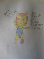 Size: 1936x2592 | Tagged: suggestive, apple bloom, annoyed, armpit hair, artist needed, bipedal, clothes, earth pony, female, foalcon, g4, imported from derpibooru, leg warmers, legwear, leotard, looking at you, pony, pubic hair, spandex, sweat