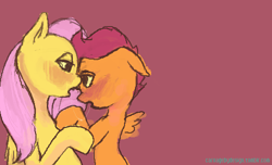 Size: 500x303 | Tagged: suggestive, artist:ninthsphere, fluttershy, scootaloo, blushing, drool, drool string, female, foalcon, g4, imported from derpibooru, kissing, lesbian, mare on filly, scootashy, shipping, sloppy kissing