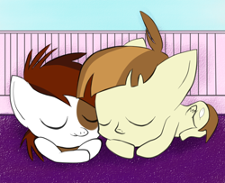Size: 768x624 | Tagged: safe, artist:s-laughtur, colt, colt on colt, cute, duo, featherweight, foal, foalcon, g4, gay, imported from derpibooru, male, pipsqueak, pony, ship:feathersqueak, shipping, sleeping, snuggling