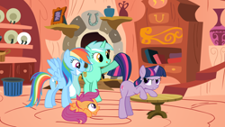Size: 1024x576 | Tagged: suggestive, rainbow dash, scootaloo, twilight sparkle, artist needed, bipedal, bipedal leaning, female, filly, foal, foalcon, g4, golden oaks library, imminent sex, imported from derpibooru, leaning, lesbian, lyra heartstrings, mare, pegasus, pony, ship:scootatwi, ship:twidash, ship:twyra, shipping, source needed, table, unicorn, unicorn twilight