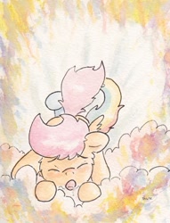Size: 704x923 | Tagged: suggestive, artist:slightlyshade, rainbow dash, scootaloo, blushing, cloud, drool, female, filly, foal, foalcon, g4, implied cunnilingus, implied oral, implied sex, imported from derpibooru, lesbian, mare on filly, pegasus, pony, ship:scootadash, shipping, traditional art