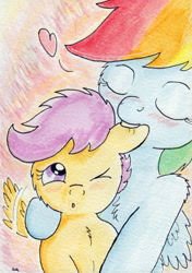 Size: 736x1048 | Tagged: suggestive, artist:slightlyshade, rainbow dash, scootaloo, :o, blushing, cheek fluff, chest fluff, ear bite, female, filly, fluffy, foal, foalcon, g4, heart, hug, implied hoofing, imported from derpibooru, lesbian, mare, mare on filly, nom, open mouth, pegasus, pony, scootalove, ship:scootadash, shipping, shoulder fluff, spread wings, traditional art, wingboner, wings