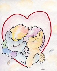 Size: 673x838 | Tagged: suggestive, artist:slightlyshade, rainbow dash, scootaloo, blushing, drool, duo, duo female, female, foalcon, french kiss, g4, heart, imported from derpibooru, kissing, lesbian, mare on filly, pegasus, pony, scootalove, ship:scootadash, shipping, sloppy kissing, traditional art