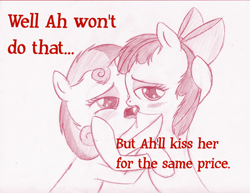 Size: 3299x2549 | Tagged: suggestive, artist:jaxonian, apple bloom, ask fapplebloom, blushing, drool, earth pony, female, foalcon, french kiss, g4, imported from derpibooru, kissing, lesbian, pony, sexy, sloppy kissing, tongue out, tongue to tongue, unicorn