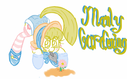 Size: 1280x800 | Tagged: safe, artist:familywing, oc, oc:golden brisk, blushing, bonnet, butt, clothes, colt, crossdressing, daisy dukes, earth pony, flank, flower, foal, foalcon, gardening, imported from derpibooru, male, mouth hold, oc only, plot, pony, shorts, socks, solo, stallion, striped socks, text, trowel