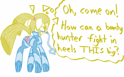 Size: 1280x800 | Tagged: safe, artist:familywing, oc, oc:golden brisk, blushing, butt, clothes, colt, cosplay, costume, crossdressing, crossplay, earth pony, flank, foal, foalcon, imported from derpibooru, male, metroid, oc only, plot, pony, samus aran, solo, trap, zero suit