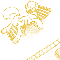 Size: 1000x1000 | Tagged: suggestive, oc, oc:golden brisk, butt, censored, colt, foal, foalcon, imported from derpibooru, looking at you, lying down, male, monochrome, oc only, plot, pony, solo, solo male, sunbathing, sunglasses, swimming pool, trap