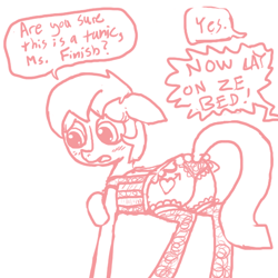 Size: 600x600 | Tagged: suggestive, artist:ficficponyfic, oc, oc:golden brisk, blushing, butt, clothes, colt, corset, crossdressing, flank, foal, foalcon, imminent rape, imported from derpibooru, legwear, lingerie, male, oc only, plot, socks, solo, solo male, stockings, thigh highs, trap