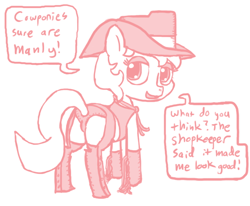 Size: 612x504 | Tagged: suggestive, artist:ficficponyfic, oc, oc:golden brisk, butt, chaps, colt, cowboy, cowboy hat, flank, foal, foalcon, hat, imported from derpibooru, male, oc only, plot, solo, solo male, trap