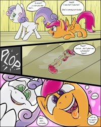 Size: 1200x1500 | Tagged: suggestive, artist:gtsdev, apple bloom, scootaloo, sweetie belle, butt, comic, cutie mark crusaders, drool, female, fetish, filly, filly pred, filly prey, foal, foalcon, full tour, g4, giant pony, imported from derpibooru, macro, micro, offscreen character, pegasus, plot, pony, post-vore, pov, shrunk, tongue out, unicorn, vore