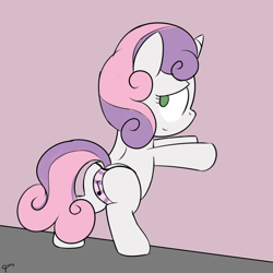 Size: 2400x2400 | Tagged: suggestive, artist:dtcx97, sweetie belle, against wall, bipedal, bipedal leaning, butt, clothes, female, filly, foal, foalcon, g4, imported from derpibooru, leaning, looking back, music notes, panties, plot, pony, signature, smiling, solo, solo female, underwear, unicorn