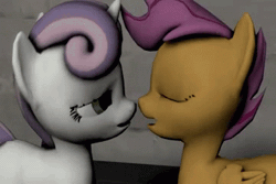 Size: 360x240 | Tagged: suggestive, artist:twily404, scootaloo, sweetie belle, 3d, animated, cutie mark, dead source, female, filly, foal, foalcon, g4, imported from derpibooru, kiss on the lips, kissing, lesbian, love, pegasus, pony, ship:scootabelle, shipping, sloppy kissing, source filmmaker, unicorn, video at source, youtube link