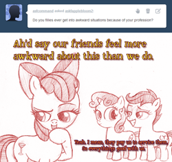 Size: 792x744 | Tagged: suggestive, artist:jaxonian, apple bloom, scootaloo, sweetie belle, ask, ask fapplebloom, bedroom eyes, crotchboobs, cutie mark crusaders, earth pony, female, filly, foal, foalcon, g4, hooves, horn, imported from derpibooru, nudity, pegasus, pony, prostitution, unicorn, wings