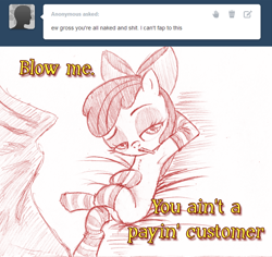 Size: 792x747 | Tagged: suggestive, artist:jaxonian, apple bloom, ask, ask fapplebloom, blank flank, brothel, clothes, earth pony, female, filly, foal, foalcon, g4, hooves, implied masturbation, imported from derpibooru, monochrome, on back, pony, socks, solo, solo female, striped socks, sultry pose, vulgar