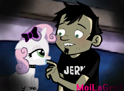 Size: 570x417 | Tagged: suggestive, artist:moilageek, sweetie belle, blushing, bow, collar, crossover, crossover shipping, dan, dan vs, drool, female, filly, finger in mouth, foal, foalcon, g4, human, imported from derpibooru, male, pony, spiked collar, unicorn