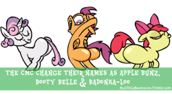 Size: 500x273 | Tagged: suggestive, artist:brutamod, apple bloom, scootaloo, sweetie belle, animated, bloom butt, booty mark crusaders, butt, butt shake, chicken butt, cutie mark crusaders, female, foalcon, g4, headcanon, imported from derpibooru, just another day in the internet, mylittleheadcanon, plot, scootabutt, sweetie butt, toon, twerking, wat