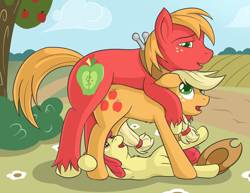 Size: 1370x1055 | Tagged: suggestive, artist:fearingfun, apple bloom, applejack, applecest, big macintosh, big macintosh's yoke, earth pony, foalcon, fun for the whole family, g4, horse collar, implied sex, imported from derpibooru, incest, male, pony, ship:applemac, ship:applemacbloom, ship:bloomjack, shipping, softcore, stallion, straight, voyeur bloom, voyeurism
