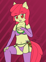 Size: 1000x1362 | Tagged: suggestive, artist:anonjg, apple bloom, anthro, belly button, bra, breasts, clothes, earth pony, female, foal, foalcon, g4, garter belt, human facial structure, imported from derpibooru, legwear, panties, pony coloring, purple underwear, ribbon, solo, solo female, stockings, teenager, thigh highs, underwear, young
