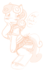 Size: 1230x1920 | Tagged: suggestive, artist:mlpfwb, sweetie belle, blushing, clothes, dialogue, female, foalcon, g4, imported from derpibooru, japanese, monochrome, panties, pony, school uniform, schoolgirl, simple background, solo, solo female, underwear