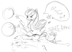 Size: 1920x1384 | Tagged: suggestive, artist:featurelesscrotch, apple bloom, balloon, balloon fetish, balloon popping, balloon riding, earth pony, female, foalcon, g4, imported from derpibooru, monochrome, party balloon, pony, popping, riding, solo, solo female, speech bubble