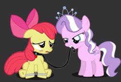 Size: 2000x1360 | Tagged: suggestive, artist:ruxify, apple bloom, diamond tiara, bloomsub, blushing, bondage, collar, cuffs, dominatiara, dominatrix, earth pony, female, femdom, femsub, filly, foal, foalcon, foaldom, g4, imported from derpibooru, leash, lesbian, pet play, pony, sad, ship:diamondbloom, shipping, show accurate, show accurate porn, slave, slavery, source needed, submissive, useless source url