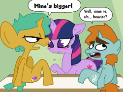 Size: 800x600 | Tagged: suggestive, artist:weaver, twilight sparkle, blushing, colt, female, foal, foalcon, g4, implied penis, imported from derpibooru, male, mare, ms paint, penis size difference, pony, reacting to nudity, scene parody, snails, snips, sweat, twilight is a foal fiddler, unicorn, unicorn twilight