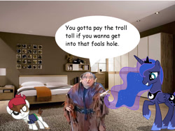 Size: 1600x1200 | Tagged: suggestive, princess luna, bed, danny devito, female, foalcon, g4, human, imported from derpibooru, it's always sunny in philadelphia, male, pipsqueak, play, ponies in real life, ship:lunapip, shipping, straight, the nightman cometh, toll troll