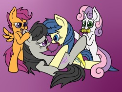 Size: 1024x768 | Tagged: suggestive, artist:scramjet747, scootaloo, sweetie belle, after kiss, drool, drool string, ear bite, earth pony, female, fiddlesticks, fiddletavia, filly, foal, foalcon, g4, hooves, imported from derpibooru, kissing, lesbian, lube, mare, octavia melody, on back, pegasus, pony, sloppy kissing, unicorn
