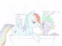 Size: 2107x1558 | Tagged: suggestive, artist:dawnfelix, rainbow dash, spike, bath, bathing together, bathtub, bedroom eyes, blushing, dialogue, dragon, duo, duo male and female, female, foalcon, g4, green eyes, imminent foalcon, imminent sex, imported from derpibooru, interspecies, male, mare, pegasus, pony, ship:rainbowspike, shipping, simple background, straight, traditional art, water, white background, worried