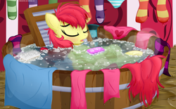 Size: 8059x5000 | Tagged: suggestive, artist:illuminatiums, apple bloom, absurd resolution, bath, blushing, clothes, earth pony, female, filly, foal, foalcon, g4, heart, imported from derpibooru, laundry, open mouth, panties, pony, socks, solo, striped socks, underwear, wet, wet mane