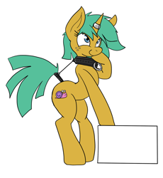 Size: 942x1025 | Tagged: suggestive, artist:reiduran, backbend, bipedal, collar, dead source, foalcon, g4, horn, horn ring, imported from derpibooru, pony, rule 63, simple background, smiling, snails, solo, spice, tail holder, tail pull, tail wrap, unicorn, white background