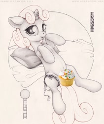 Size: 856x1016 | Tagged: suggestive, artist:ecmajor, sweetie belle, censored, censored vulva, cup cake, cupcake, dock, female, foalcon, g4, garter, imported from derpibooru, novelty censor, pony, solo, solo female, tongue out, unicorn