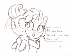 Size: 3168x2448 | Tagged: suggestive, artist:dtcx97, brother and sister, cake twins, colt, compliment, dialogue, duo, duo male and female, exclamation point, female, filly, foal, foalcon, g4, horn, implied gay, imported from derpibooru, male, monochrome, pegasus, pony, pound cake, pumpkin cake, siblings, sketch, speech bubble, talking about sex, twins, unicorn