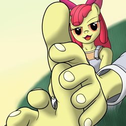 Size: 1239x1239 | Tagged: suggestive, artist:php32, artist:zerogiga, apple bloom, :3, anthro, barefoot, bow, dead source, earth pony, feet, female, fetish, filly, foal, foalcon, foot fetish, foot focus, foot tease, g4, hair bow, imported from derpibooru, open mouth, plantigrade anthro, sexy, solo, toenails, toes