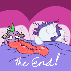 Size: 600x600 | Tagged: suggestive, rarity, spike, aftersex, age difference, ask iron will, ask-ironwill-now, bed, dragon, duo, duo male and female, female, foalcon, g4, horn, implied cunnilingus, implied oral, implied sex, imported from derpibooru, impossibly long tongue, male, mare, messy mane, pony, ship:sparity, straight, tongue out, unicorn, wingless spike