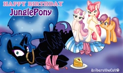 Size: 900x537 | Tagged: suggestive, artist:anibaruthecat, apple bloom, scootaloo, sweetie belle, bondage, bridle, cake, clothes, cutie mark crusaders, female, foalcon, g4, hooves, imported from derpibooru, nightmare moon, socks, striped socks