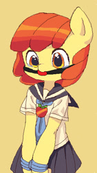 Size: 312x553 | Tagged: suggestive, artist:aruurara, apple bloom, anthro, ballgag, bondage, clothes, earth pony, edit, female, foalcon, g4, gag, imported from derpibooru, sailor uniform, schoolgirl, simple background, solo, solo female